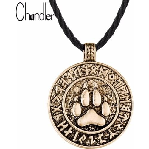 Chandler Punk Bear Paw Necklace Amulet Pendant The Norse Paw Runes Round Charm Nordic Talisman Colier For Mens Slavic Jewelry