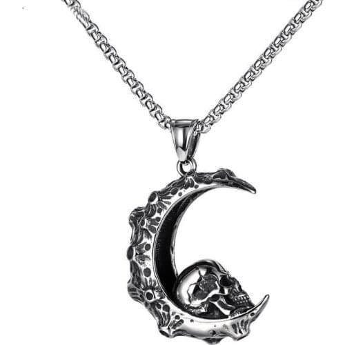Cyue Fashion Trend Creative Personality Moon Titanium Steel Necklace Retro Hip Hop Crescent Skull Pendant For Women/men