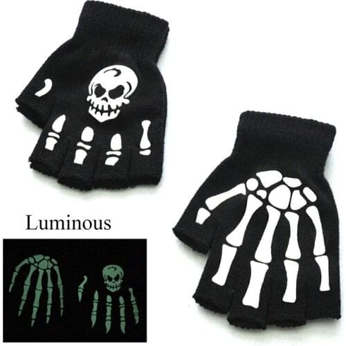 Unisex Knitted Half Finger Gloves Halloween Skeleton Fluorescence Gloves Ghost Claw Luminous Glove Elastic Winter Hand Warmer