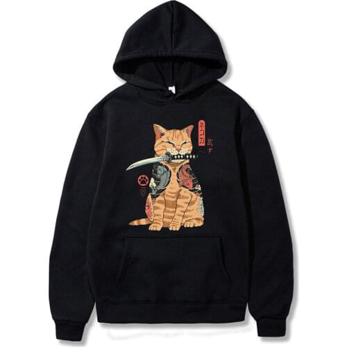 Japanese Cat Anime Samurai Sword Pullover Hoodies 2020 New Men Printed Hoodie Street Winter Warm Hooded Hip Hop Sweatshirt