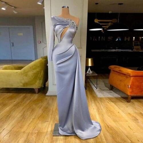 Eightale Silver Evening Dresses One Shoulder Appliques Long Sleeves Mermaid Formal Prom Dress Party Gown Mother Of the Bride