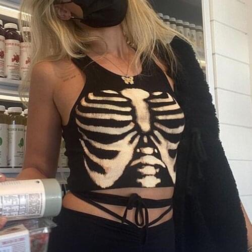 Gothic Skull Print Tank Tops Punk E-girl Ribbed Cropped Tee vintage Black Corset Top 90s streetwear Y2k aesthetic slim crop top
