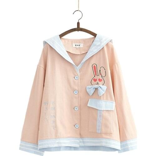 Pink Cartoon Rabbit Embroidery Single Breasted Women Jacket 2021 Autumn Long Sleeve Sailor Collar Sweet Ladies Basic Outwears