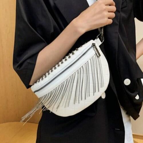 Women Punk Rivet Waist Bags Tassel Cool Fanny Pack Leather Chest Belt Bags Crossbody Shoulder Phone Money Bum Hip Purse