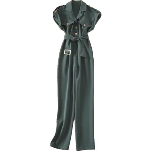 2021 Summer Fashion Long Jumpsuits High Quality Women Turn-down Collar Chest Pocket Button Deco Short Sleeve Green Jumpsuits