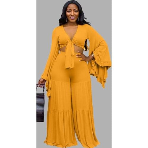 Autumn Ruffle Long Sleeve 2 Piece Outfits for Women Sexy Solid Color Lace-up V-neck Top with Floor Length Trouser Plus Size Set