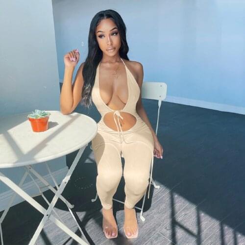 Thorn Tree Solid Women Halter Jumpsuit Lace Up Hollow Out Backless Bodycon Sexy Deep V-neck Streetwear Casual 2021 Summer Romper