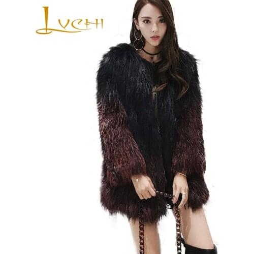 LVCHI Winter 2019 Contrast Color Real Fox Fur Coats Slim Real Natural Fox Fur Coat Womens Gradient V-Neck Medium Slim Fox Coats
