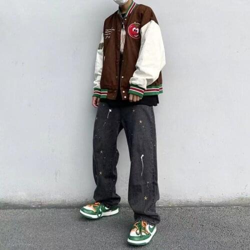 2021 Mens Dark Black Color Streetwear Casual Pants Retro Printing Embroidery Splashing Loose Jeans Hip Hop Style Trousers S-3XL