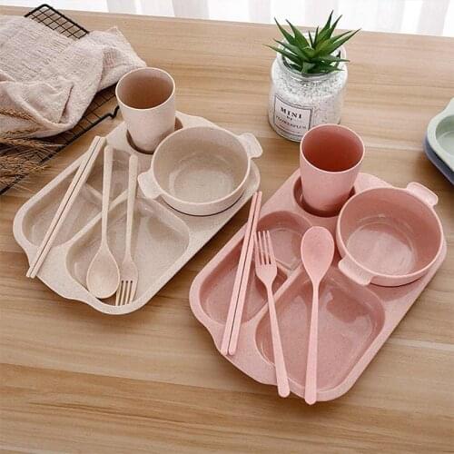 6PCS Baby Dishes Wheat Straw Children cartoon Tableware Set Baby Dinner Plate Feeding Bowl Set