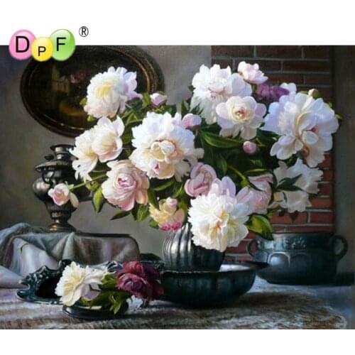 DPF DIY round Diamond Embroidered White flower Pattern Diamond Painting Rhinestone Picture Diamond Mosaic art Cross Stitch gift