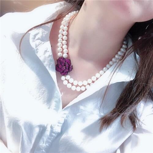 2rows freshwater pearl necklace white near round 44-46cm +red zircon flower wholesale nature beads FPPJ