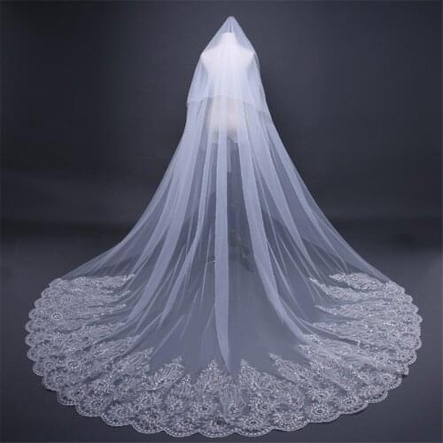 2Layers White Ivory 3.5M Long Bridal Wedding Veil Beaded Crystal Lace Appliques With Face Veil Comb Cathedral Brides Headpiece