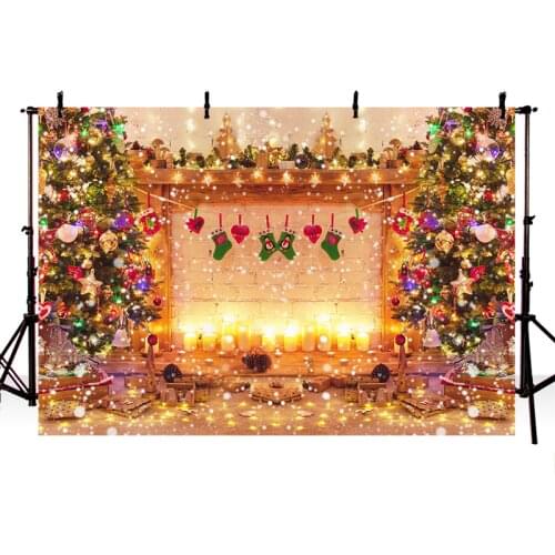 Christmas Tree Photography Background Photophone Winter New Year Decorative Fireplace Reindeer Lights Backdrop For Photo Studio