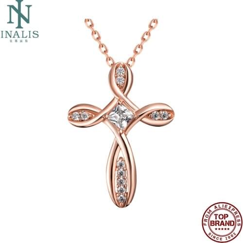 INALIS Rose Gold Cross Pendant Necklaces European American Style Elegance Clear Zircon Women Necklace Party Fashion Jewelry Gift