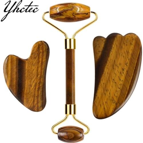 Tiger Eye Stone Gouache Scraper Jade Roller Massager For Face Natural Gouache Stone Face Roller Jade Massager GuaSha Scraper Set