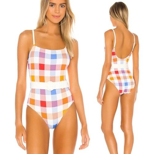 Plaid Printing Sling Triangle Bikini Set 2021 New One Piece Swimsuit Diagonal Swimwear Women High Waisted Bathing Suit Summer