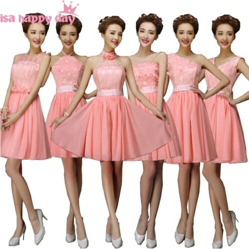 Special occasion girls short cheap chiffon knee length dress sexy bridesmaid dresses watermelon color to wear to a wedding H4237