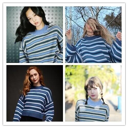 Kpop Korean Celebrity Retro Autumn Warm Women Knitted Pullover Sweater Fashion Striped Casual Jumper O-Neck Long Sleeve Sweaters