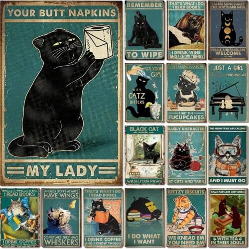 Cute Black White Cat Retro Metal Poster Vintage Tin Signs Home Living Bedroom Toilet Stair Wall Decor Tin Plaques Iron Painting
