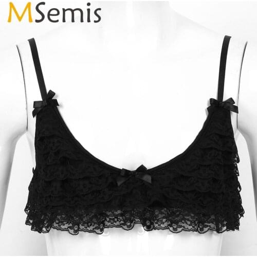 MSemis Men Male Bralette Sexy Gay Crossdressing Sissy Lingerie Super Frilly Ruffled Layered Lace Front Camisole Bra Crop Top