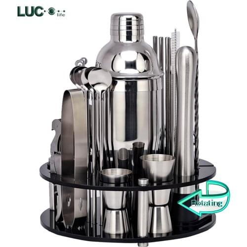 Bartender Kit, Cocktail Shaker Set With Rotating Acrylic Holder. Home DIY Suit for Mixed Drinks Martini Bar Tools Perfect Gift