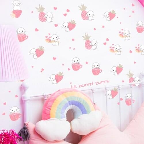 Pink Strawberry Rabbit Wall Stickers Girl Room Decor Bedroom Wall Decoration Cartoon Mural Wallpaper Art Home Decor