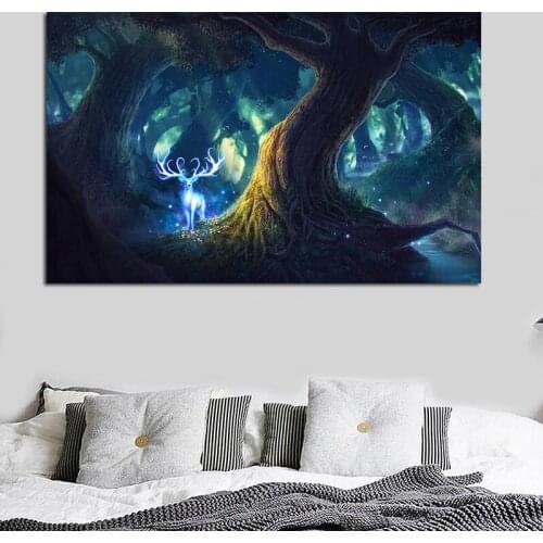 Canvas Print Pictures Wall Art 1 Piece Magic Forest Fantasy Fairy Deer Painting Abstract Tree Scenery Poster Home Decor NO Frame