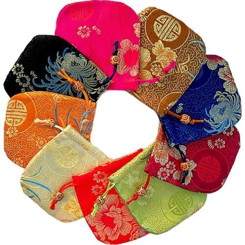 100PCS Gift Silk Bag Jewelry Packaging Goodie Packing Pouches Drawable Bags Present Spice Brocade Coin Purse Ethnic Embroidery
