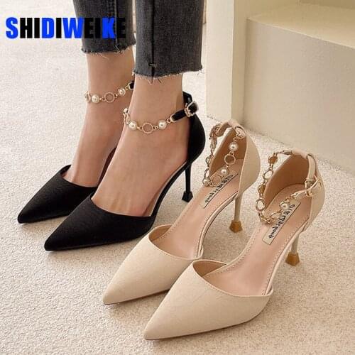 Top quality Casual Thin Heels Shoes 2021 Women Flats Handmade Beaded Ankle Straps Pointed Toe Zapatos Mujer Wedding Shoes 34-40