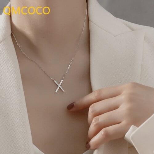 QMCOCO X-Shape 925 Silver Zircon Necklace For Women Minimal INS Style Pendant Light Luxury Design For Women Collarbone Chain