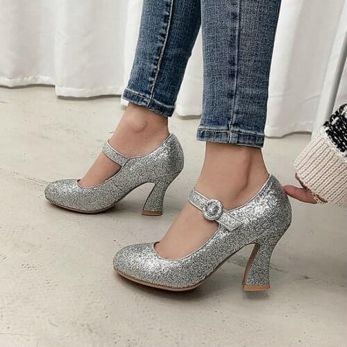 Sianie Tianie Glitter Bling Bling Gold Princess Shoes Round Toe Thick High Heels Buckle Strap Women Wedding Mary Janes Pumps
