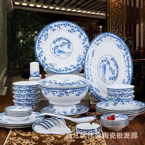 Wedding blue and white porcelain bowls antique tableware set gifts household bowls and plates Jingdezhen bone china tableware