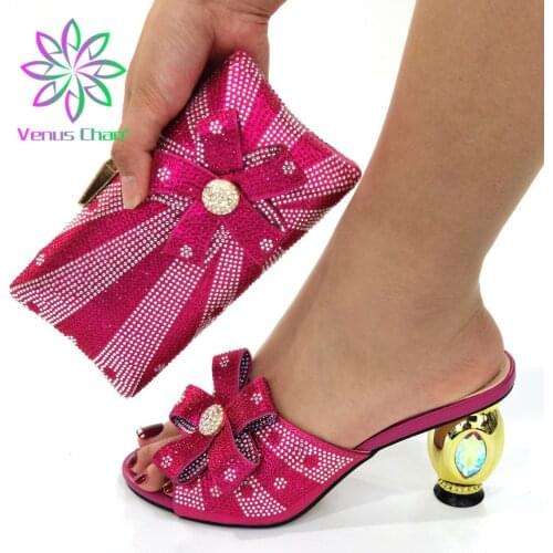 Slippers New Arrival Hot Selling Italian Design Fashion Crystal Style Ladies Shoes and Bag Set in Fuchsia Color for Party