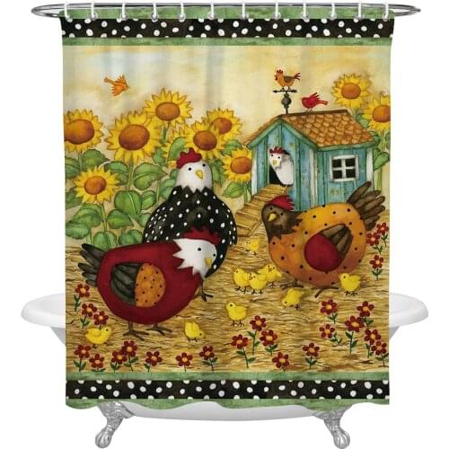 The Chicken Family Cartoon Sunflower Waterproof Shower Curtains Retro Bathroom Decor Curtain Bath Home Decor