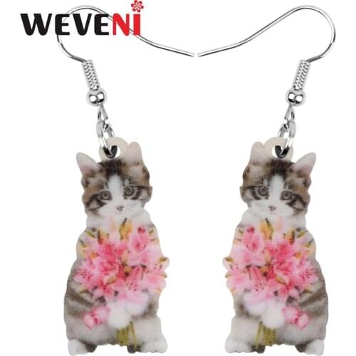 WEVENI Acrylic Valentines Day Flower Short Hair Cat Earrings Drop Dangle Jewelry For Women Girl Teen Lover Charm Gift Accessory