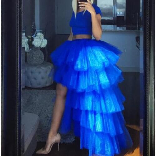 Royal Blue Skirts Women Hi Low Long faldas Chic Tiered Skirt Zipper Band Tulle Maxi Tutu Skirts Girls Ruffle Custom Made
