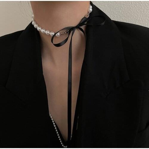 Women Pearl Bow Necklace for Wedding Elegant Girl Female Collar Velvet Bow Streamer Choker Necklace Fashion Jewelry 2021