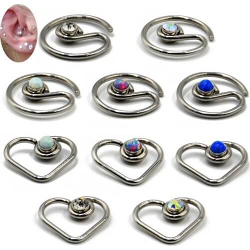1pc Opal CZ Gem Daith Heart Round Bendable Ring Ear Tragus Cartilage Earring Heart Ear Studs Ear Ring Piercing Body Jewelry 16G
