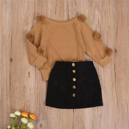 2 Piece Set For Toddler Baby Girl Solid Color Outfits Long Sleeve Round Neck Pompom Knitwear Top+ Decorative Button Skirt 2-7T
