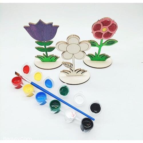 6 Pcs/set Wooded DIY Coloring Flower Craft Home Decorations Tabletop Ornaments Educational Toys for Kids