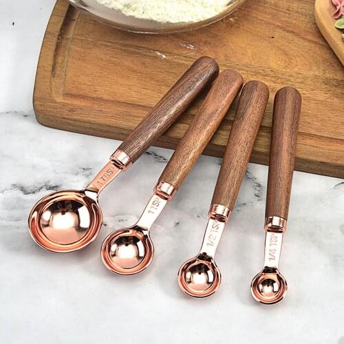 8pcs Kitchen Measuring Tool Plating Measuring Cups Spoon Walnut Wooden Handle Rose Gold Measuring Cups Measuring Spoon Scoop