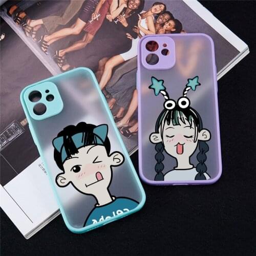 Cute Cartoon Boy Girl Couple Phone Case For iPhone 11 12 Pro MAX XS X XR SE 20 7 8 6Plus Korean Clear Hard PC Matte Cover Shell