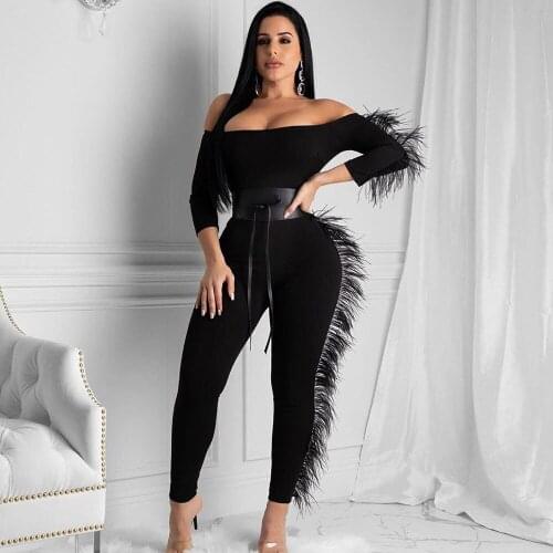 Black White Off Shoulder Sexy Jumpsuits for Women Slash Neck Long Sleeve Side Feather Party Club Rompers Womens Jumpsuit Mono