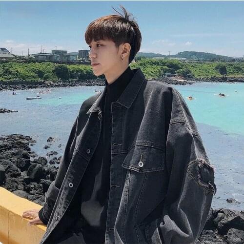 New spring trend mens tooling denim jacket port wind youth loose student spring and autumn black and blue jacket