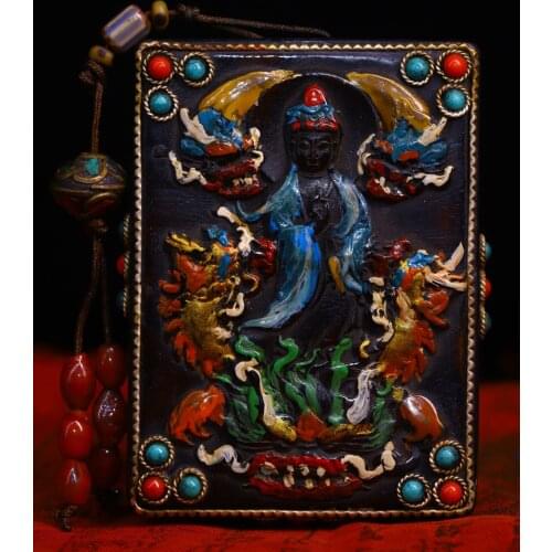 Chinese Folk Collection Old Natural horns Tracing mosaic gem Dzi Bead Ride a dragon Guanyin Bodhisattva Pendant Amulet Exorcism