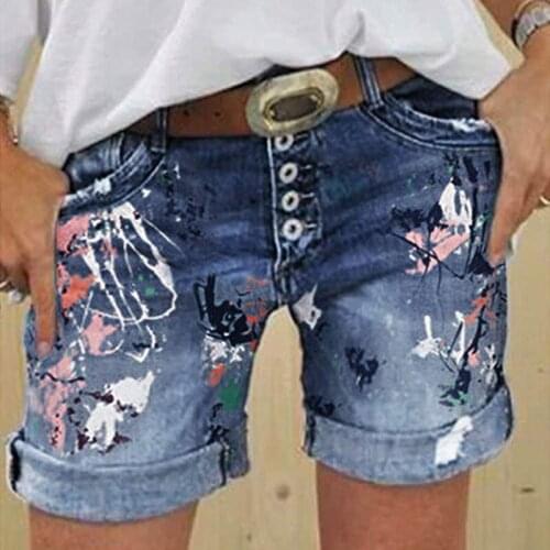Fashion Summer Plus Size Womens Shorts Casual Pattern Printing Washed Jeans High Waist Button Pocket Womens Shorts For Lady