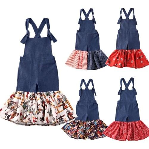 2020 Baby Girls Autumn Romper Denim Overalls Bib Pants Jumpsuits Floral Print Patchwork Bell-bottomed Pants For Girls 1-6Y