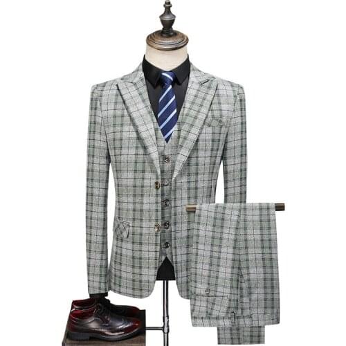 Jacket Vest Pants Suits Men British Latest Coat Pant Designs Slim Fit Blue Plaid Wedding Dress Tuxedos Work Office Dress Suits