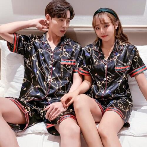 Couple Pajamas Summer Ice Silk Thin Short-Sleeved Shorts Home Service Female Korean Cartoon Lapel Cute Suit Home Clothes